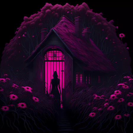 Fairy tale of a pink house and a flower garden with a girl silhouetteの素材