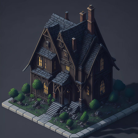 3D rendering of a wooden house with garden and chimneyの素材