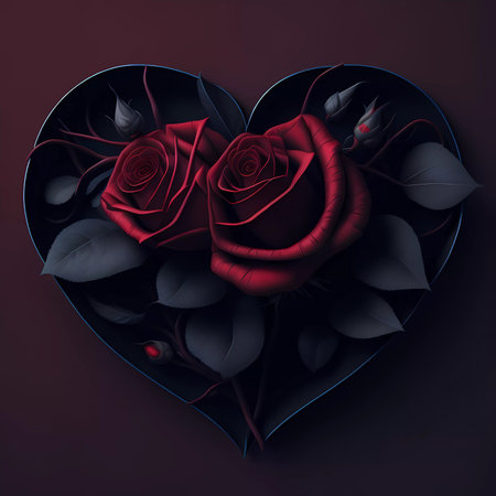 Red roses in the shape of a heart on a dark background.の素材