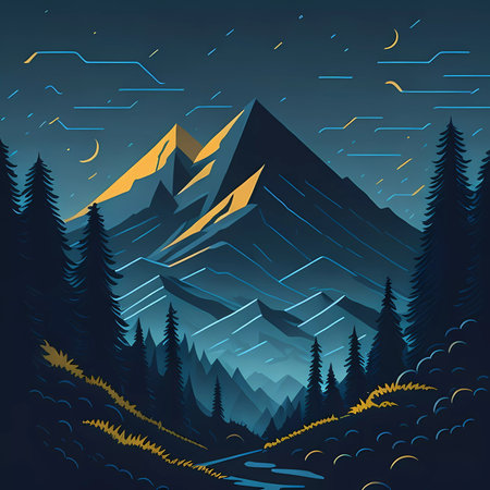 Illustration of a beautiful mountainous landscape and treesの素材