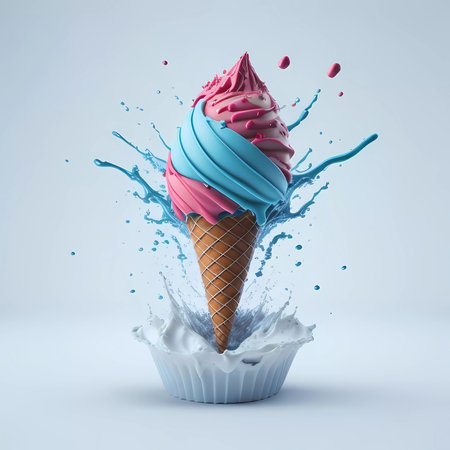 Ice cream in a waffle cone with splashes of blue and pink. 3d renderingの素材
