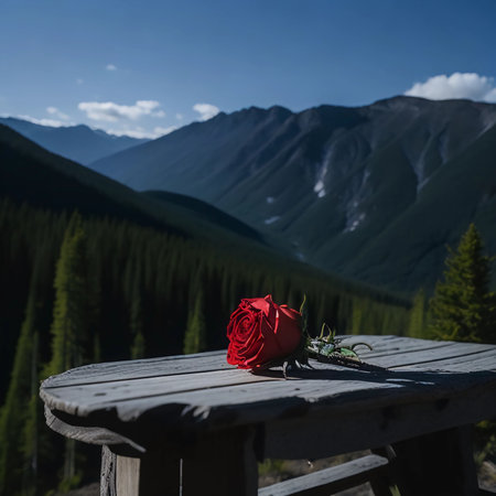 Red rose on a wooden table against the backdrop of high mountains.の素材