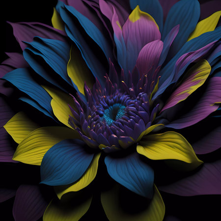 3D rendering of a colorful dahlia flower isolated on black backgroundの素材