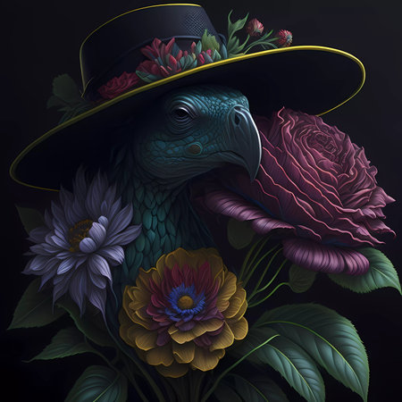 Illustration of a turtle with a hat and flowers on a black backgroundの素材