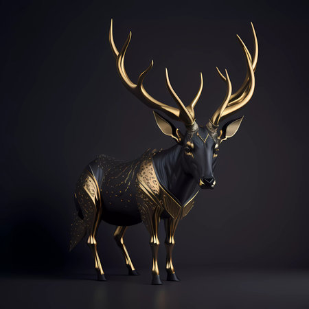 3d render of golden deer isolated on black background. Animal with golden antlers.の素材