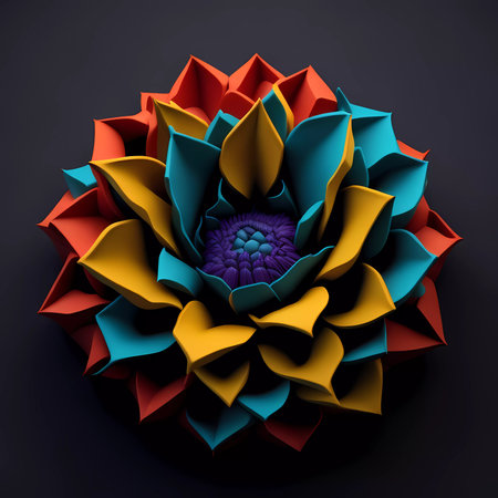 Colorful abstract flower on black background. 3D rendering illustration.の素材