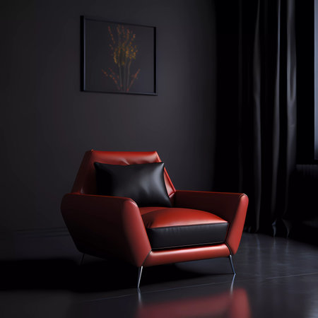 Modern bright interiors 3D rendering illustration with black and red sofaの素材