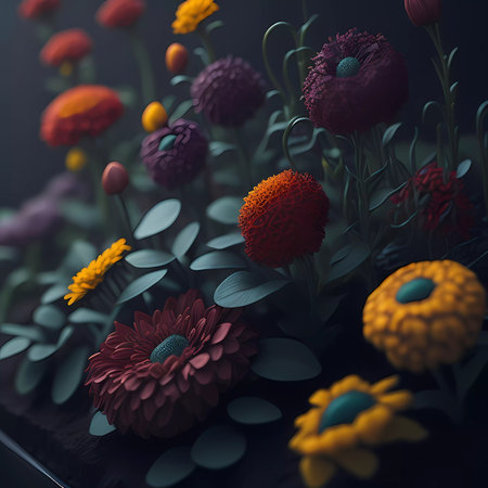 Flower bouquet of chrysanthemums and dahlias on dark backgroundの素材
