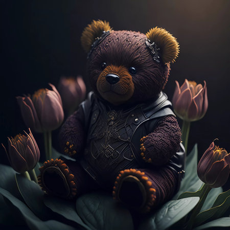 Teddy bear with a bouquet of tulips on a dark backgroundの素材