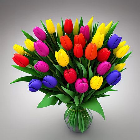 bouquet of colorful tulips in vase isolated on gray backgroundの素材