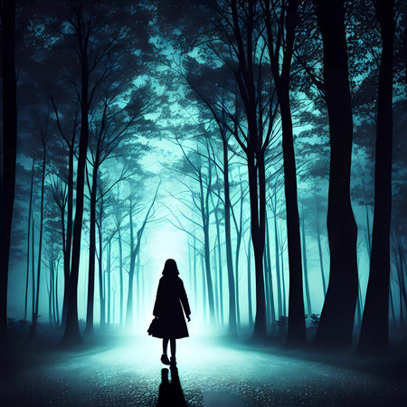 Silhouette of a woman walking in the dark forest with fogの素材