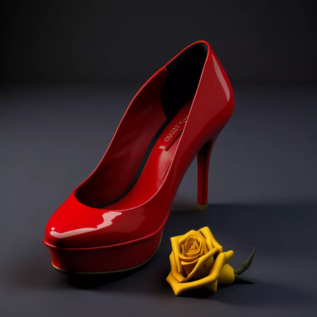 Red high-heeled shoes with a yellow rose on a black background. 3d illustrationの素材