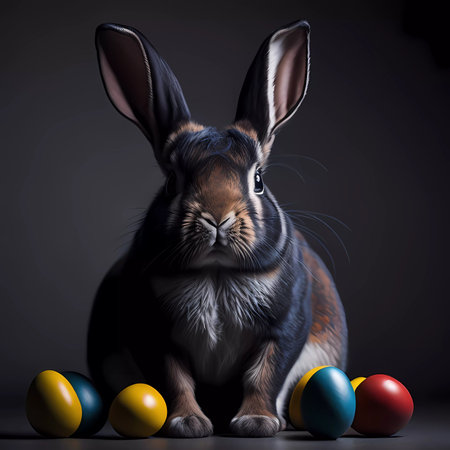 Easter bunny with colored eggs on a dark background. 3d renderingの素材
