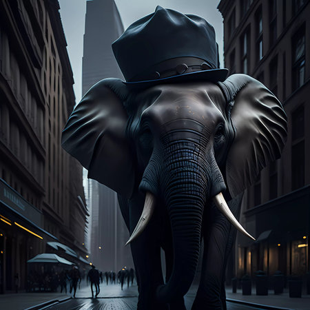 Elephant in the city at night - 3D rendered illustration.の素材