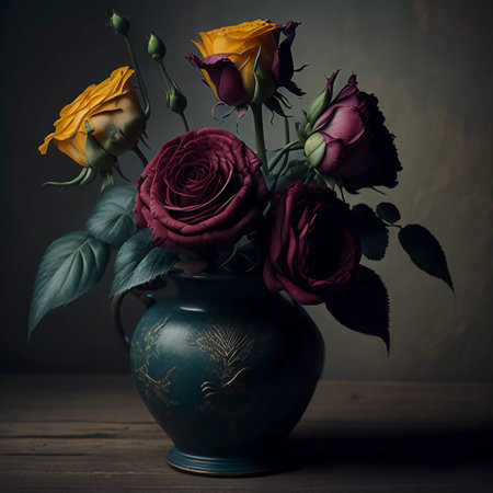 Bouquet of roses in a vase on a wooden tableの素材