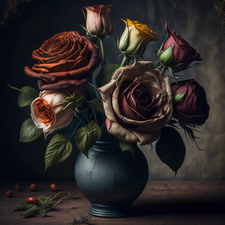 Bouquet of roses in vase on wooden table. Dark background.の素材