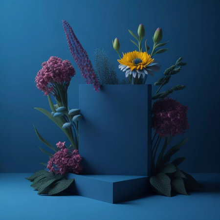 3d render, abstract blue background with flowers, geometric shapes, podiumの素材