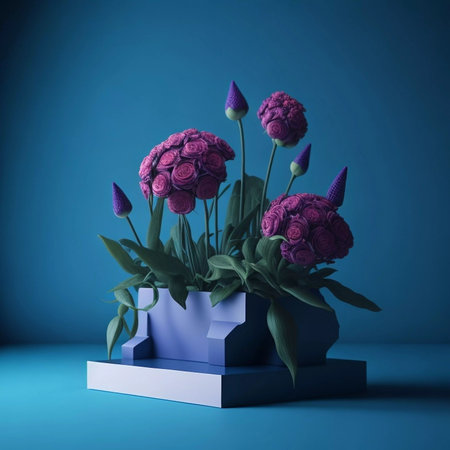 Purple flowers in vase on blue background. 3d renderingの素材