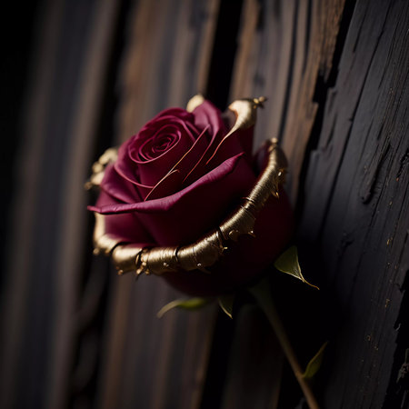 Beautiful red rose on the background of a wooden wall. Select focus.の素材