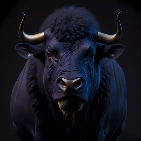 Portrait of a powerful bull with horns on a black background.の素材