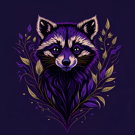 A raccoon with a floral pattern on a dark background.の素材