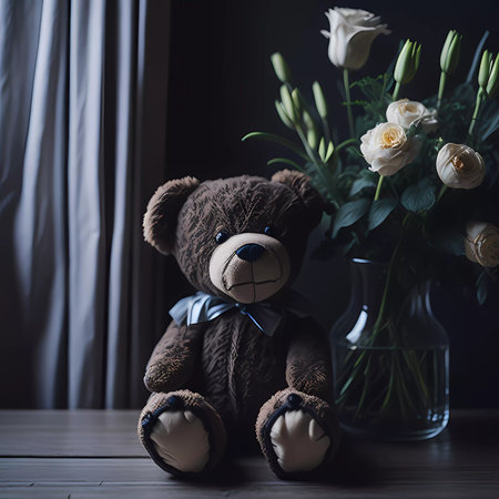 Teddy bear with a bouquet of white roses in a vaseの素材