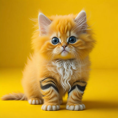 Cute little kitten on yellow background, closeup. animal themeの素材