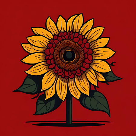 Illustration of sunflower on a red background.の素材