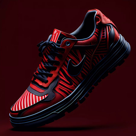 Fashion sport shoes on a red background.の素材