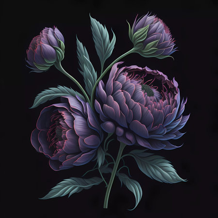 Violet peony flowers on a black background.の素材