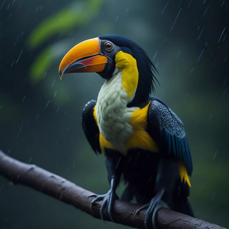 beautiful yellow toucan sitting on a branch in the rain.の素材