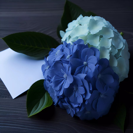 Blue hydrangea flowers and blank card on wooden background.の素材