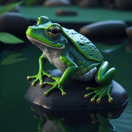 Green frog sitting on a rock in the water. 3d renderingの素材