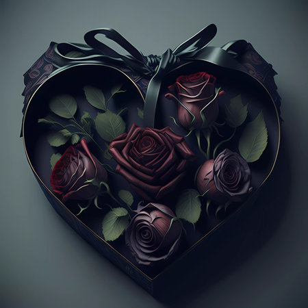 Heart shaped box with roses on dark background. 3d illustration.の素材