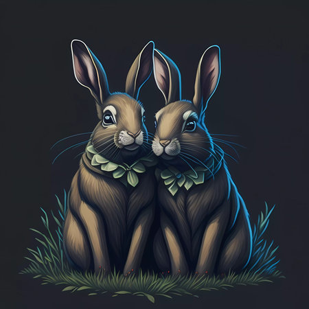 Rabbits in the grass on a dark background. Vector illustration.の素材