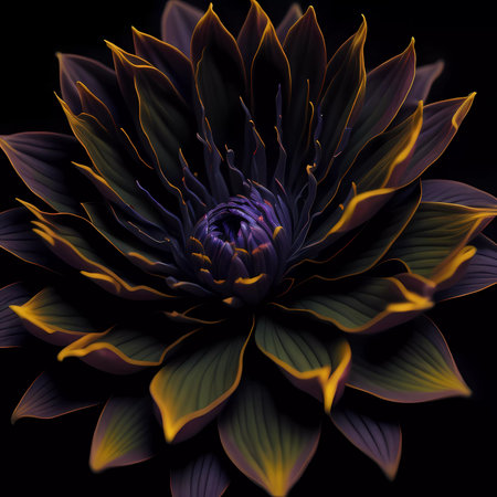 Dark purple flower on a black background. 3d rendering, 3d illustration.の素材