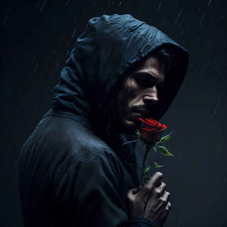 Man in a hood with a rose in his hand in the rainの素材