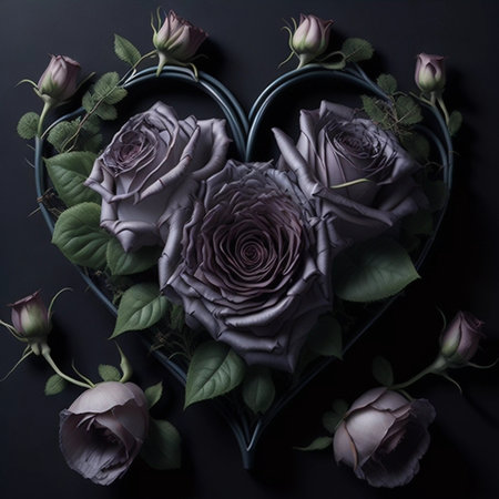 Beautiful roses in the shape of a heart on a dark backgroundの素材