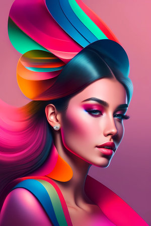 Beautiful woman with colorful hairstyle and bright makeup. 3d rendering.の素材