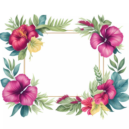 Beautiful floral frame with pink hibiscus flowers and green leaves.の素材