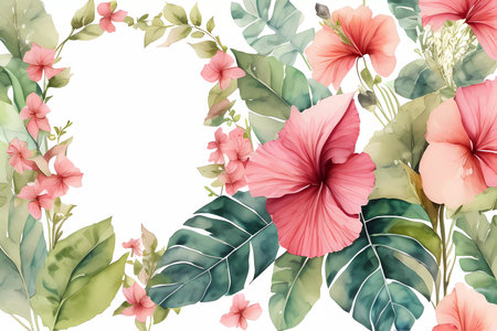 Hibiscus flower frame. Watercolor tropical background.の素材