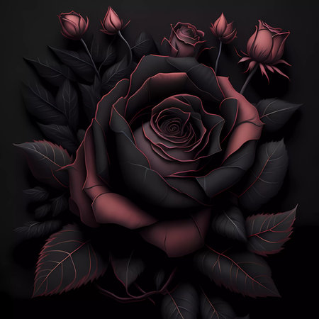 Beautiful red rose with black leaves on a black background.の素材