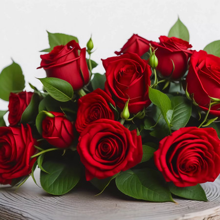 Bouquet of red roses on a white wooden background. Close-up.の素材