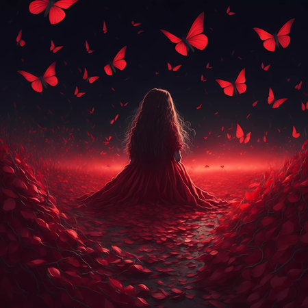 Beautiful girl in red dress surrounded by butterflies. 3d renderingの素材