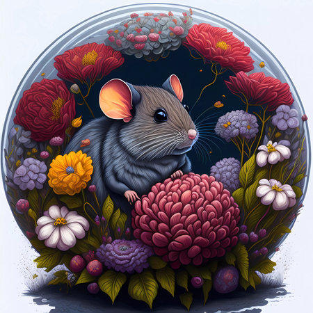 Mouse and flowers in a crystal ball on a light background. illustrationの素材