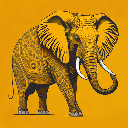 Elephant with indian ornament on orange background. Vector illustration.の素材