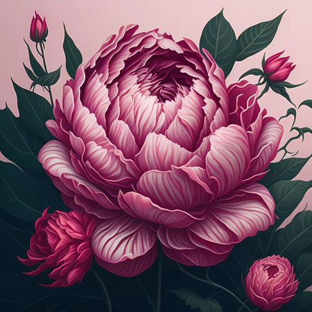 Beautiful pink peony flower with green leaves, vector illustration.の素材