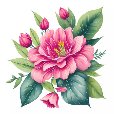 Beautiful pink dahlia with green leaves. Vector illustration.の素材