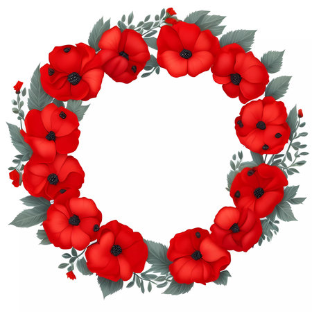 Wreath with red poppies on white background. Vector illustration.の素材
