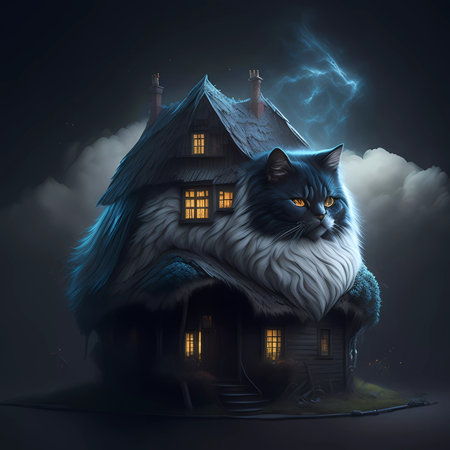 Fantasy house with a cat on the roof. Halloween illustration.の素材